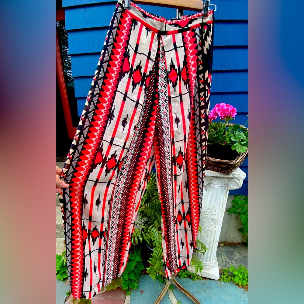 Southwest festival  boho pants. Desert Tribal pattern in rich celebration colors